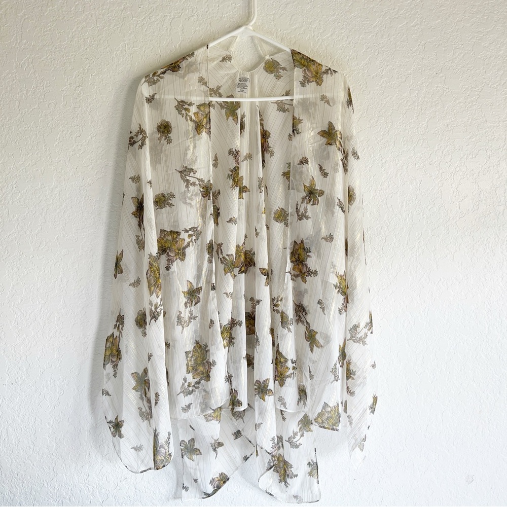 Floral Sheer Kimono White and Gold Open-Front Elegant Beach Pool Coverup Robe